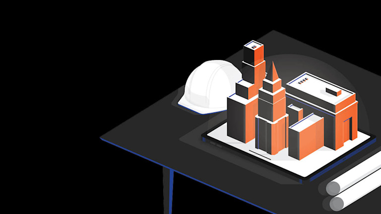 Graphic image of a model building, a blueprint and a hardhat