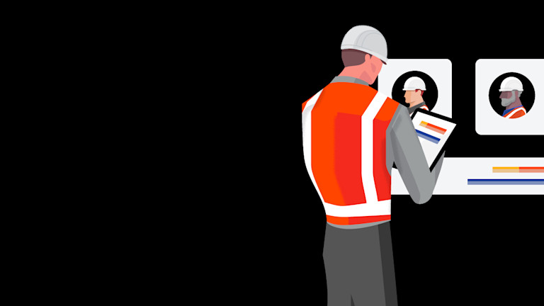 Illustration of a construction worker using a tablet to review analytics