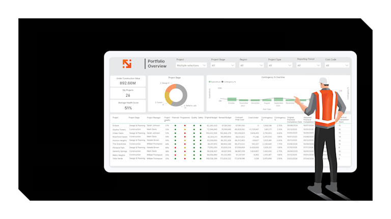 lllustration of a construction worker using Procore's Analytics tool