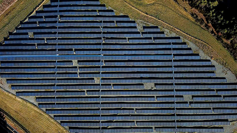 Aerial view of a solar panel field