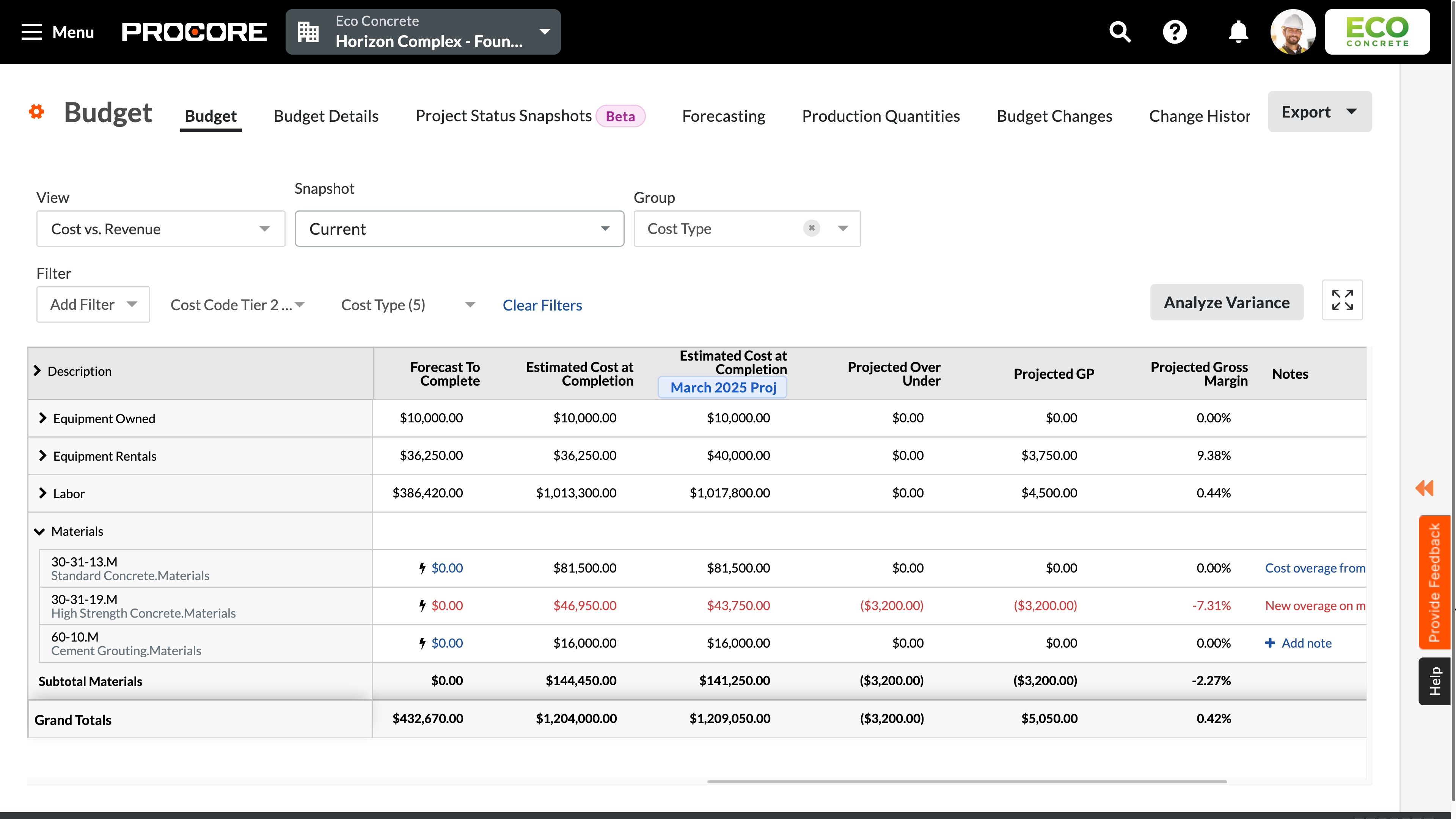 screen capture of a budget's details on Procore