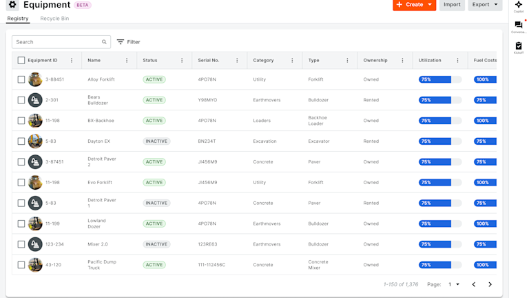 Procore Equipment Product Screen