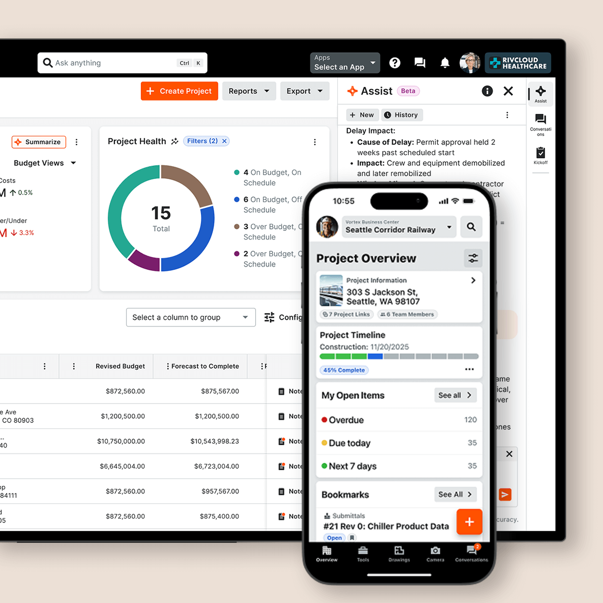 Procore's UI on a desktop and a phone
