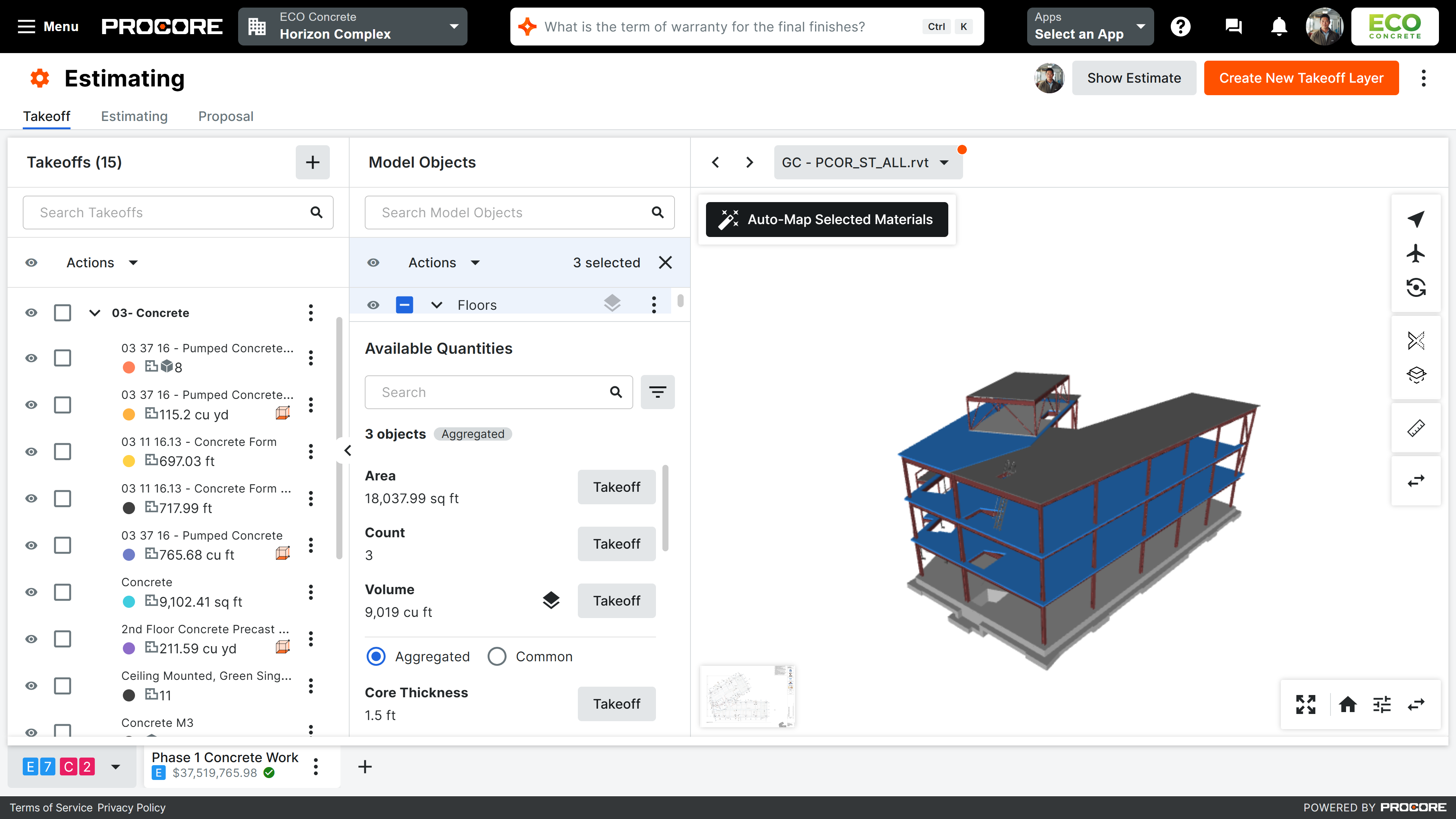 Procore's Estimating product screen