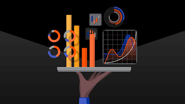 Illustration of a hand holding a tablet from which stats pop up