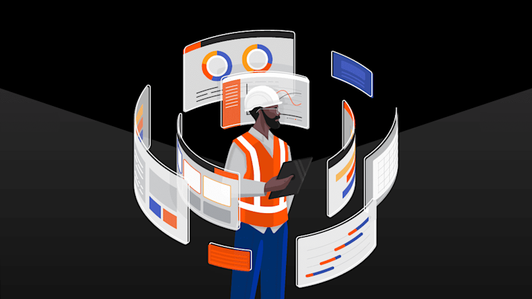 Illustration of a contractor looking at multiple screens